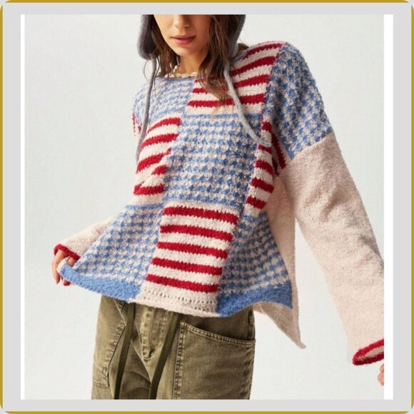 Cozy Patchwork Knit Sweater – Red & Blue Americana Pattern – Size M - Picture 6 of 10